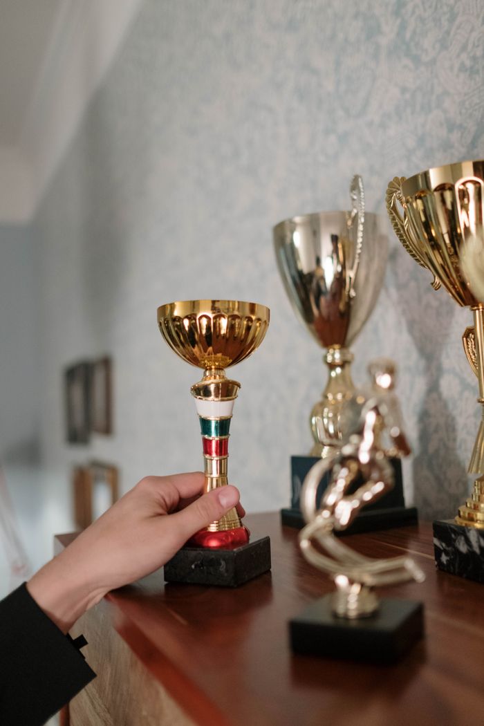 About Close-up of various trophies on a shelf, with a hand holding one cup.