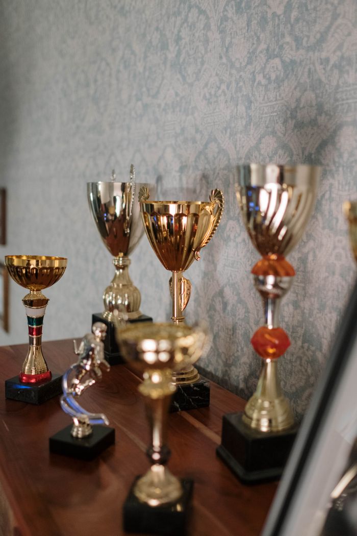 our-journey-02 A collection of diverse trophies in a room, symbolizing success and achievement.